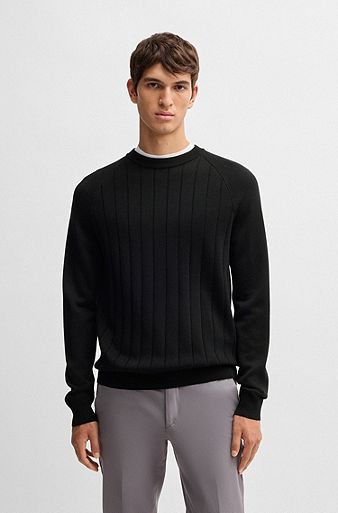 BOSS - Wool-blend regular-fit sweater with stripe knit - Black BOSS - Wool-blend regular-fit sweater with stripe knit - Black