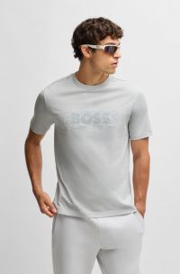 T-shirt in jersey di cotone con grafica con logo doppio, Grigio chiaro