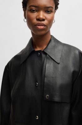 Leather jacket with silver-tone trims, Black