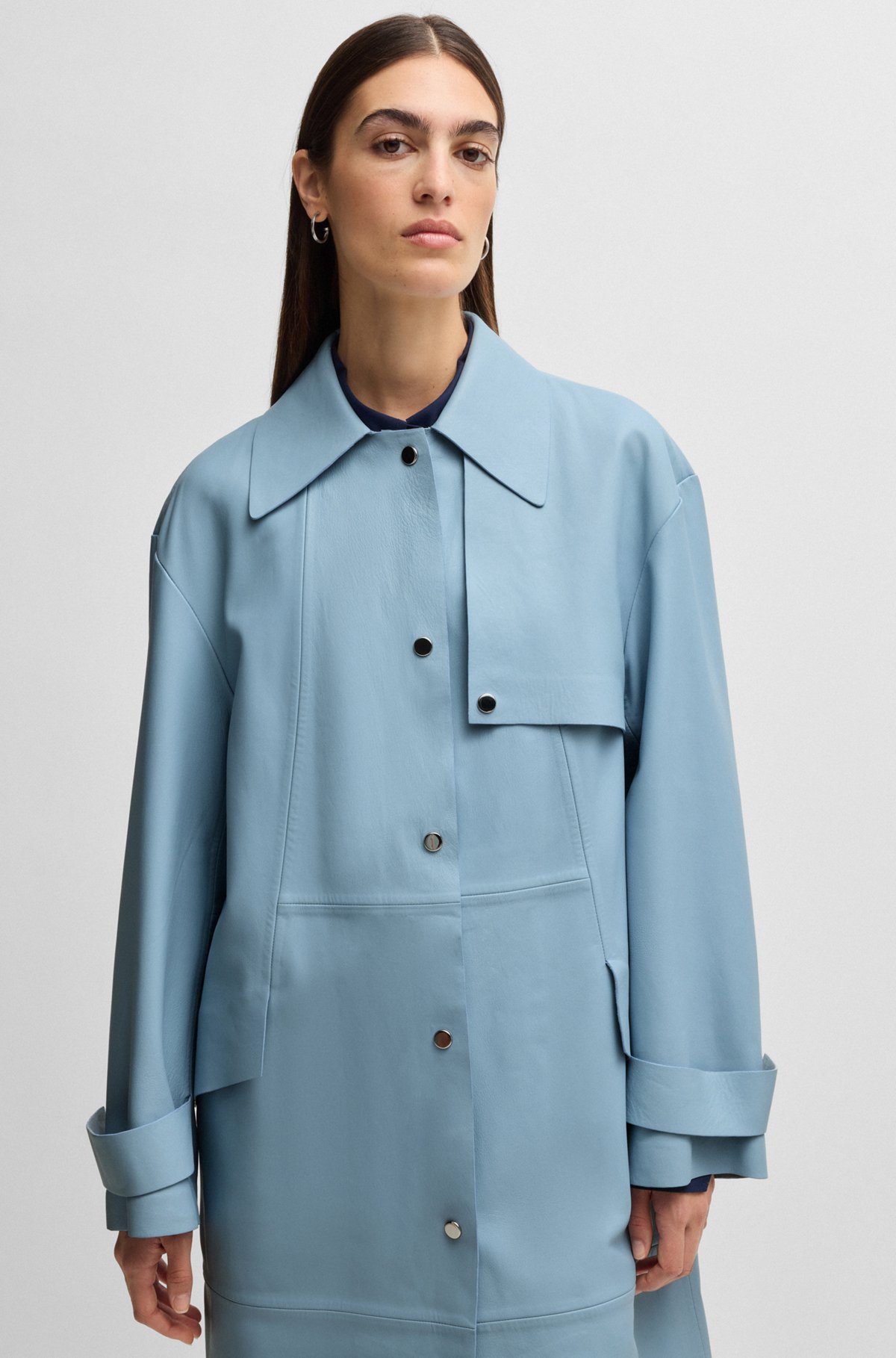 BOSS - Leather trench coat with silver-tone trims - Light Blue BOSS - Leather trench coat with silver-tone trims - Light Blue
