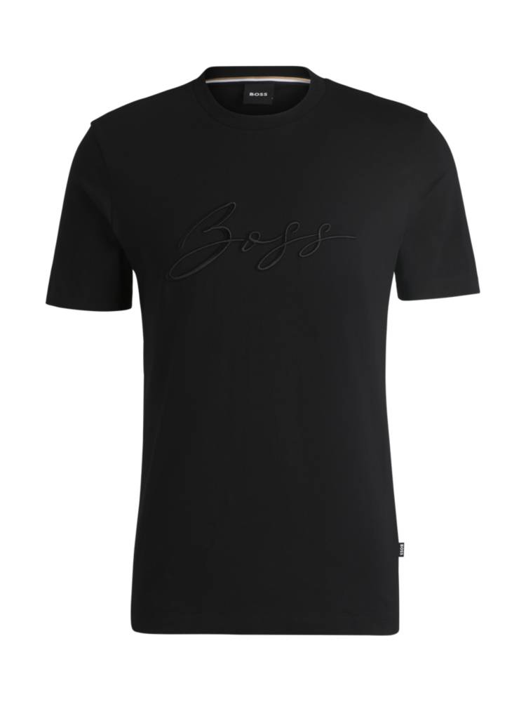 Artikel klicken und genauer betrachten! - Bequemes BOSS T-Shirt aus Baumwoll-Jersey. Das gerade geschnittene Top ist mit einem Script-Logo auf der Brust versehen. | im Online Shop kaufen