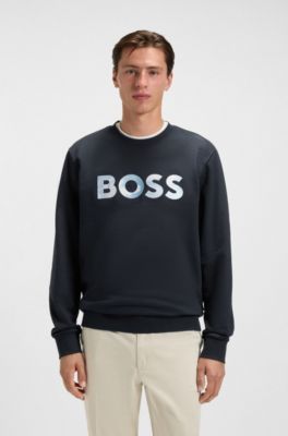 Cotton-terry relaxed-fit sweatshirt with script logo, Dark Blue