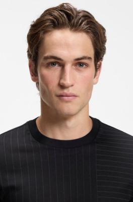 Mercerised-cotton T-shirt with mixed stripes, Black