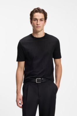 Mercerised-cotton T-shirt with mixed stripes, Black