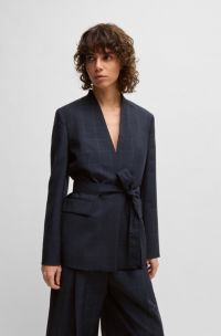 Blazer sin cuello en lana italiana, lana con textura y seda tussah, Azul oscuro