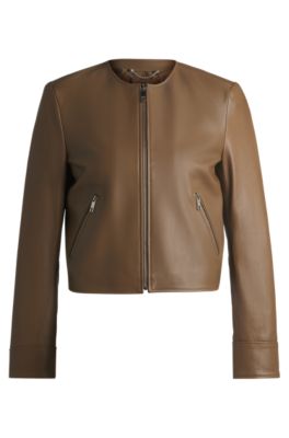 Collarless leather jacket with zip closure, Light Brown