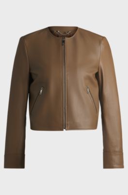 Collarless leather jacket with zip closure, Light Brown