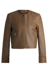 Collarless leather jacket with zip closure, Light Brown