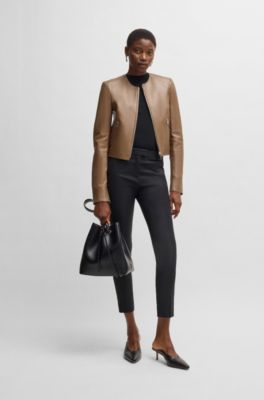 Collarless leather jacket with zip closure, Light Brown