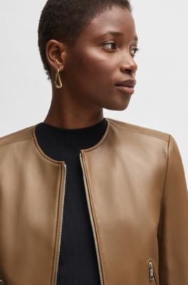 Collarless leather jacket with zip closure, Light Brown
