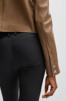 Collarless leather jacket with zip closure, Light Brown