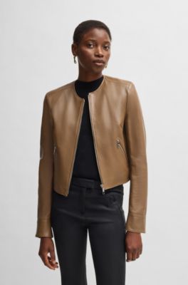 Collarless leather jacket with zip closure, Light Brown