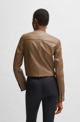 Collarless leather jacket with zip closure, Light Brown