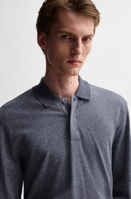 Long-sleeved knit polo in mouliné cotton and silk
