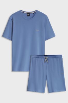 Short pyjama set in stretch cotton with logo details, Light Blue