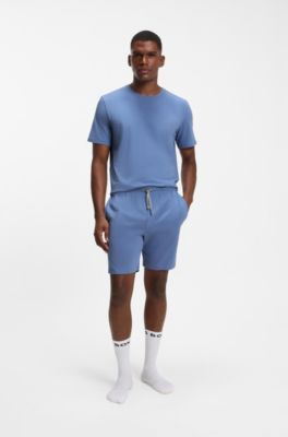 Short pyjama set in stretch cotton with logo details, Light Blue