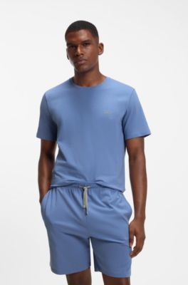 Short pyjama set in stretch cotton with logo details, Light Blue