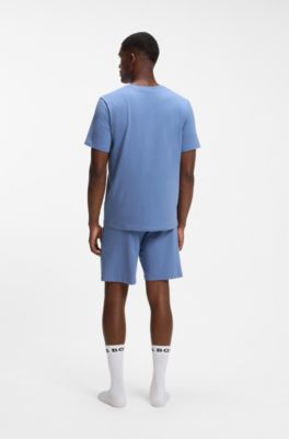Short pyjama set in stretch cotton with logo details, Light Blue