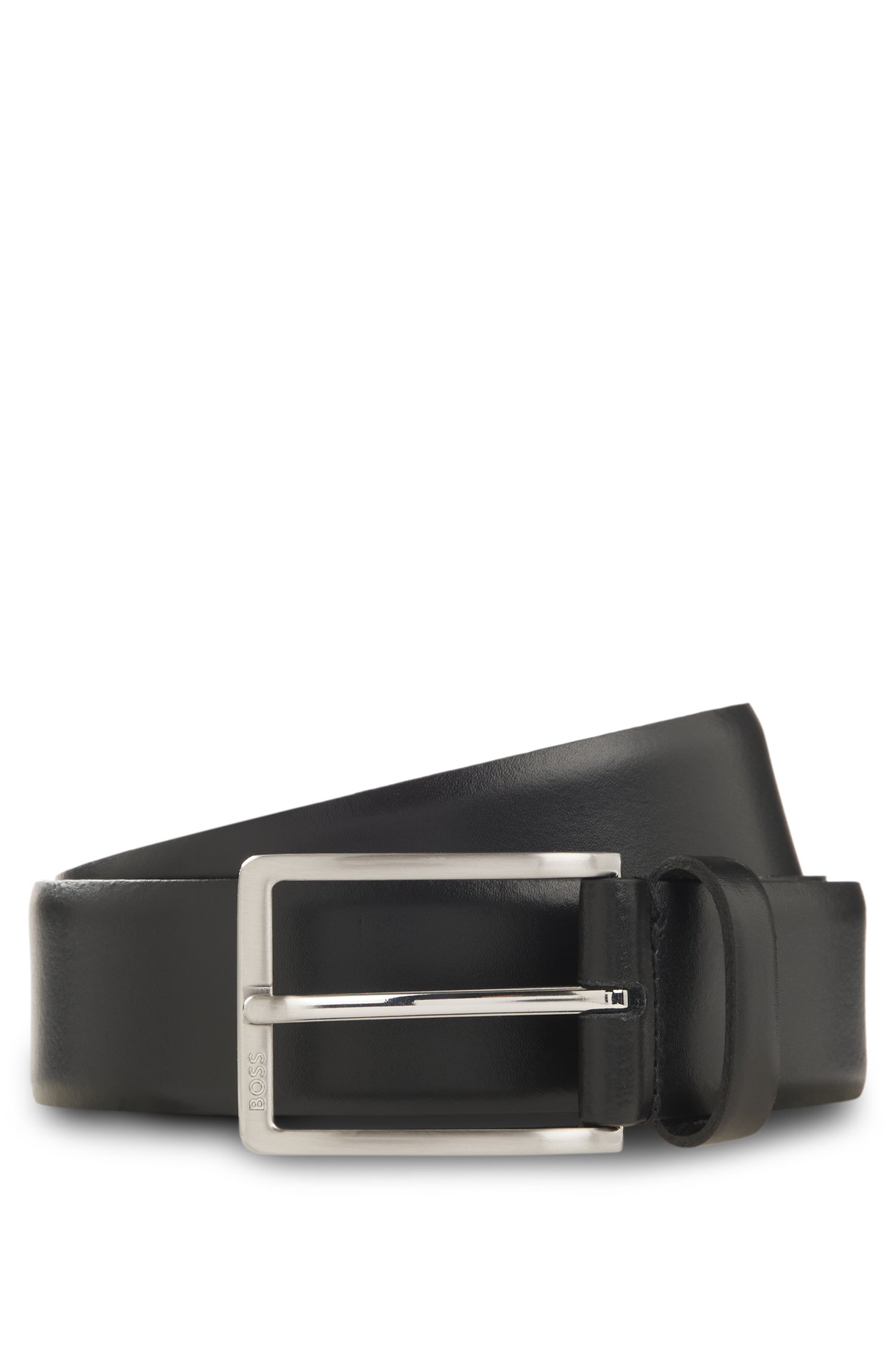 Boss Italian-leather belt with logo-engraved gunmetal buckle skärp & hängslen herr