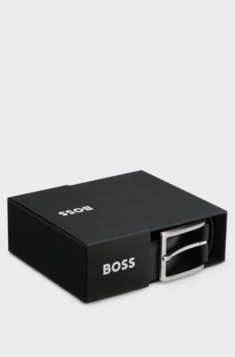 Italian-leather belt with logo-engraved gunmetal buckle, Black