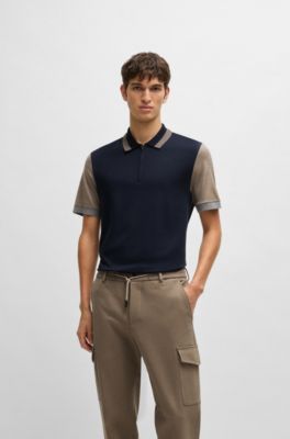 Cotton-silk polo shirt with contrast details, Dark Blue