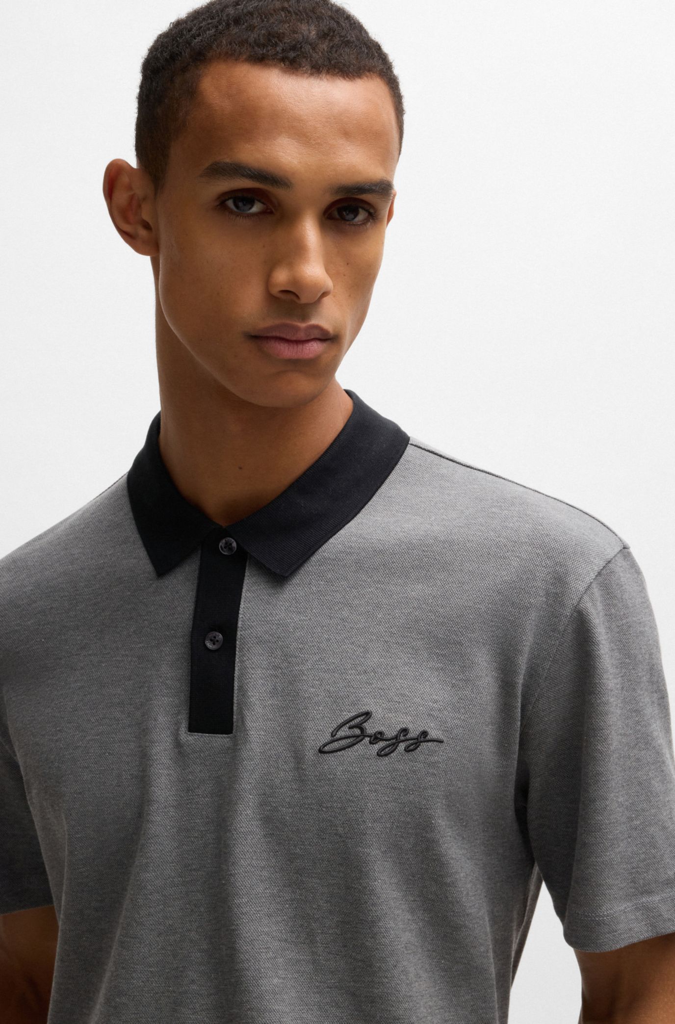 ★Hugo Boss★スクリプトロゴ マサライズ コットン ポロシャツ BOSS - シルケットコットン ポロシャツ スクリプトロゴ - グレー