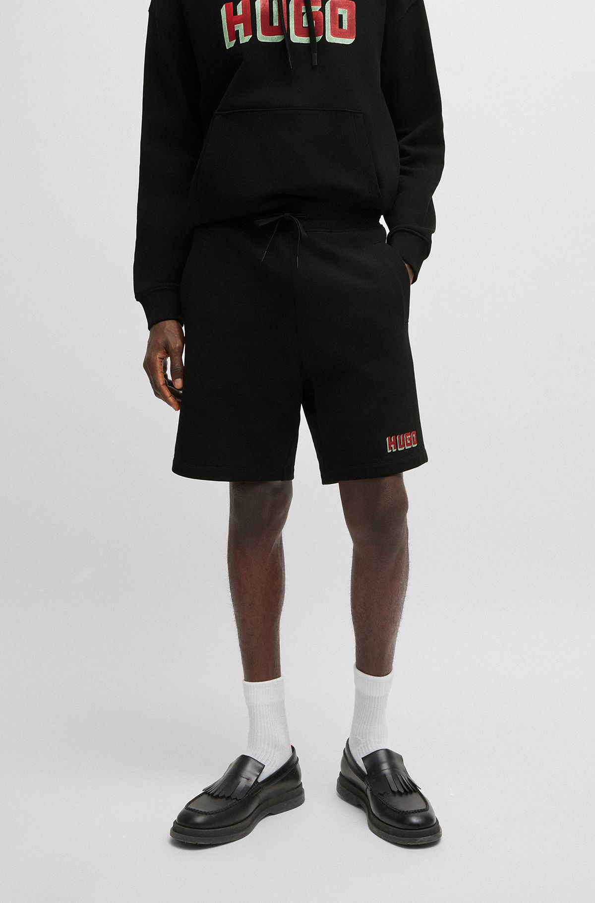 Cotton-terry relaxed-fit shorts with logo detail, Black
