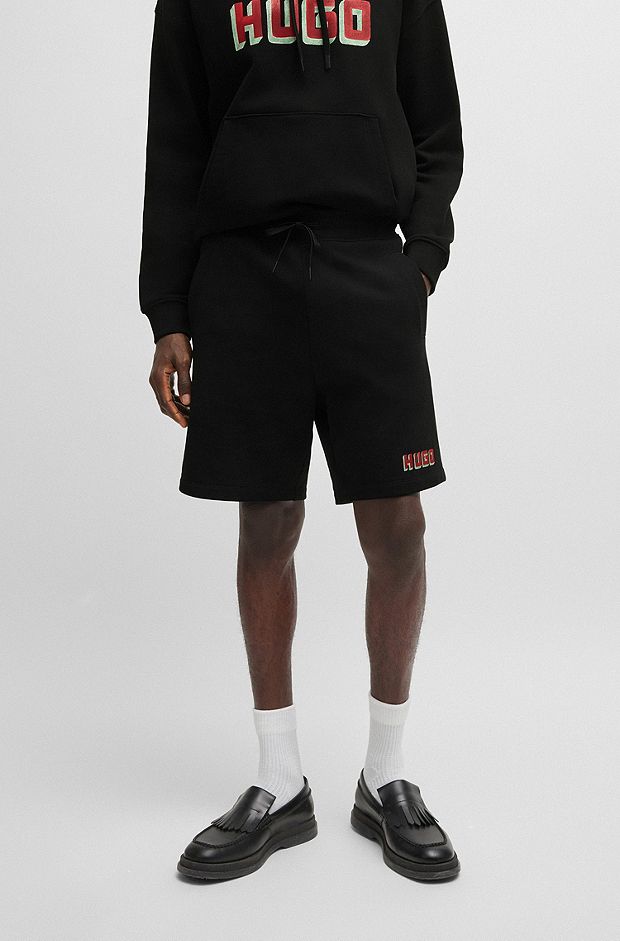 Cotton-terry relaxed-fit shorts with logo detail, Black