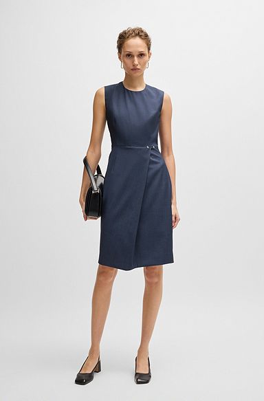 Shift-style dress in virgin wool with wrap skirt, Dark Blue
