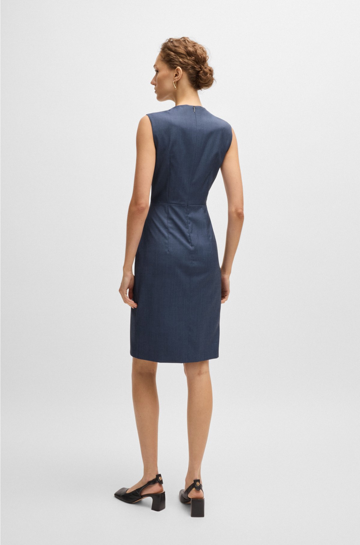 Shift-style dress in virgin wool with wrap skirt, Dark Blue
