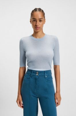 Rib-knit sweater in a wool blend, Blue