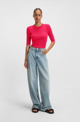 Rib-knit sweater in a wool blend, Dark pink