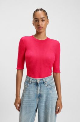 Rib-knit sweater in a wool blend, Dark pink