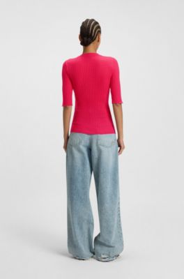 Rib-knit sweater in a wool blend, Dark pink