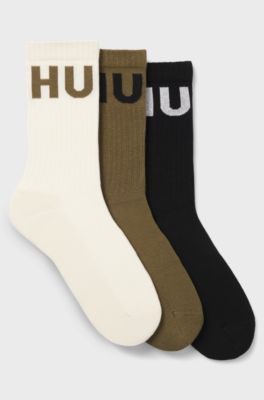 Set van drie paar geribde korte sokken met logo&rsquo;s, Beige / Groen / Zwart