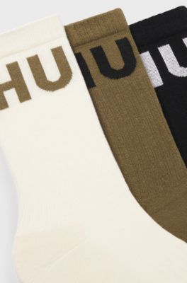 Set van drie paar geribde korte sokken met logo&rsquo;s, Beige / Groen / Zwart