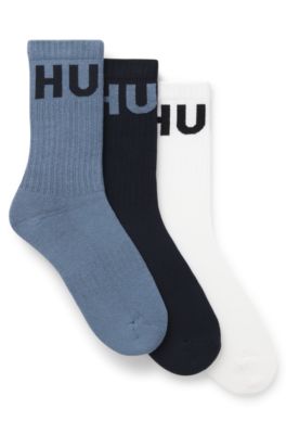 Three-pack of ribbed short socks with logos, White / Blue