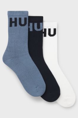 3-pack ribbade korta strumpor med loggor, Vit / Bl&aring;
