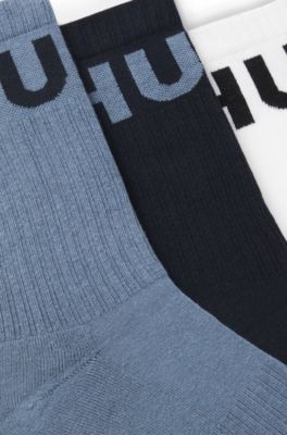 Three-pack of ribbed short socks with logos, White / Blue
