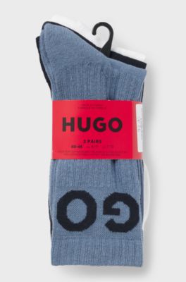 3-pack ribbade korta strumpor med loggor, Vit / Bl&aring;