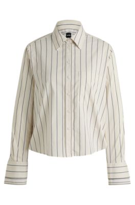 Regular-fit blouse in striped stretch cotton, White Patterned