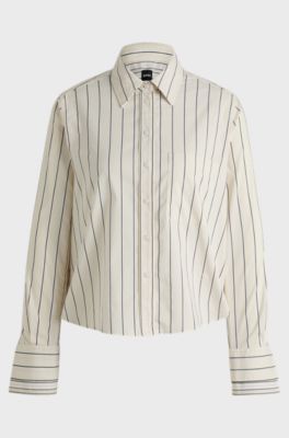 Regular-fit blouse in striped stretch cotton, White Patterned
