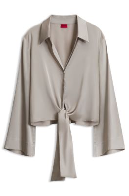 Relaxed-fit blouse with a tie-front feature, Light Beige