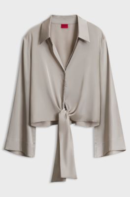 Relaxed-fit blouse with a tie-front feature, Light Beige