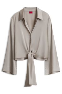 Relaxed-fit blouse with a tie-front feature, Light Beige