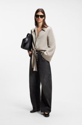 Tie-front satin blouse, Light Beige