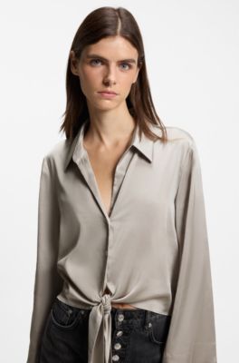 Tie-front satin blouse, Light Beige
