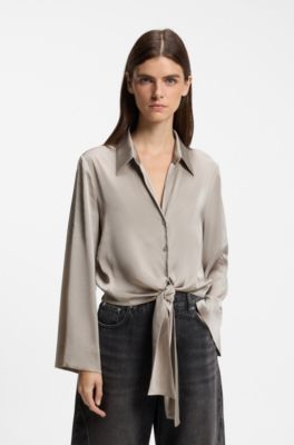 Tie-front satin blouse, Light Beige