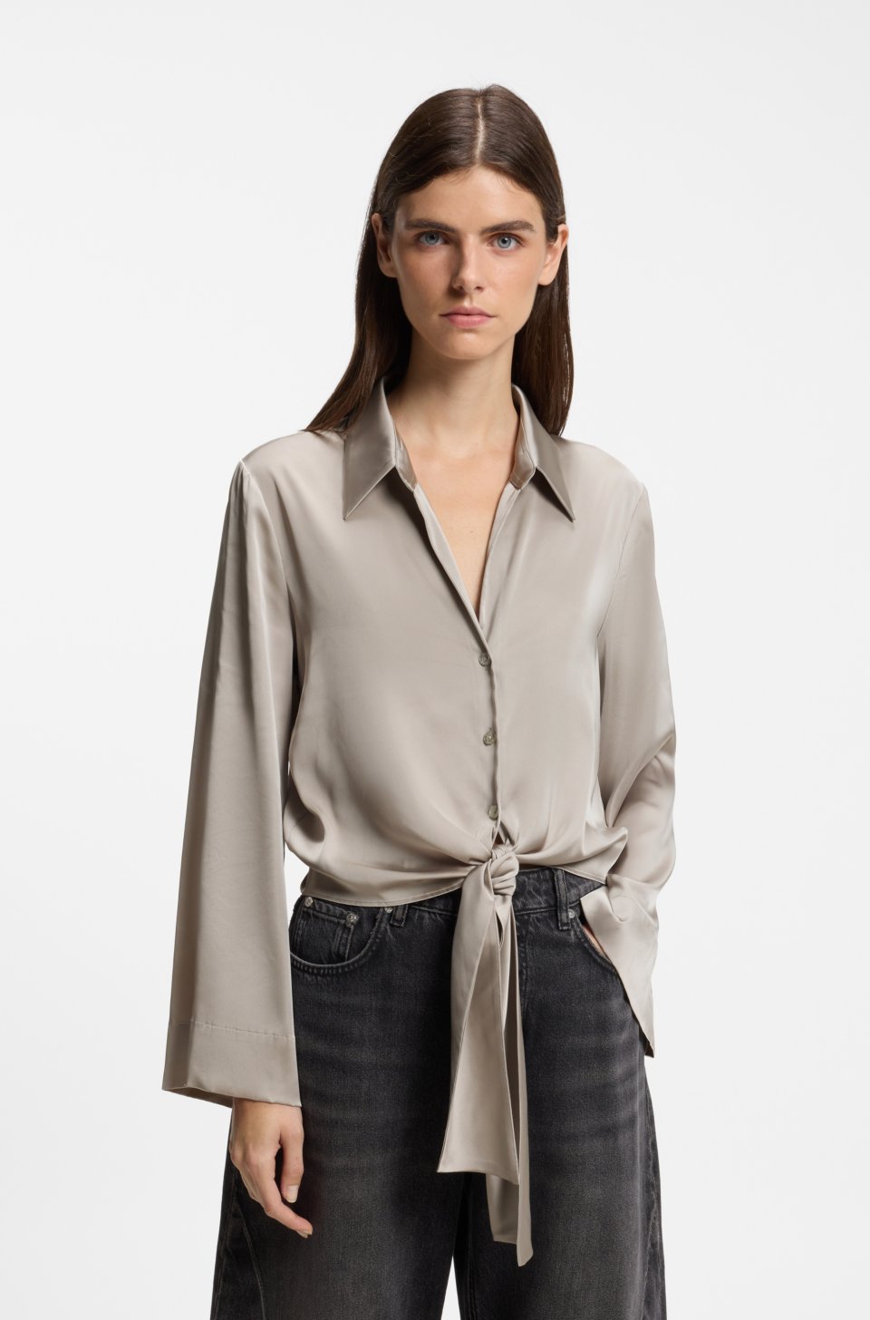 Tie-front satin blouse