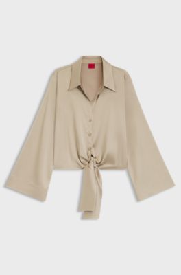 Relaxed-Fit Bluse aus Stretch-Satin mit Krawatten-Detail, Beige